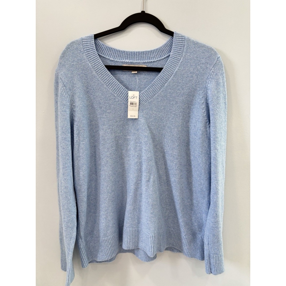 LOFT Light Blue V Neck Knit Sweater L Ribbed Trim Soft Pullover Cotton Preppy